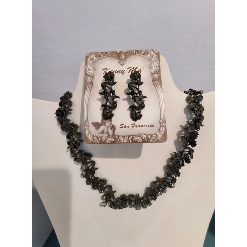 Vintage Kenny Ma San Francisco Necklace and Earring Set Dark Metal and Crystal